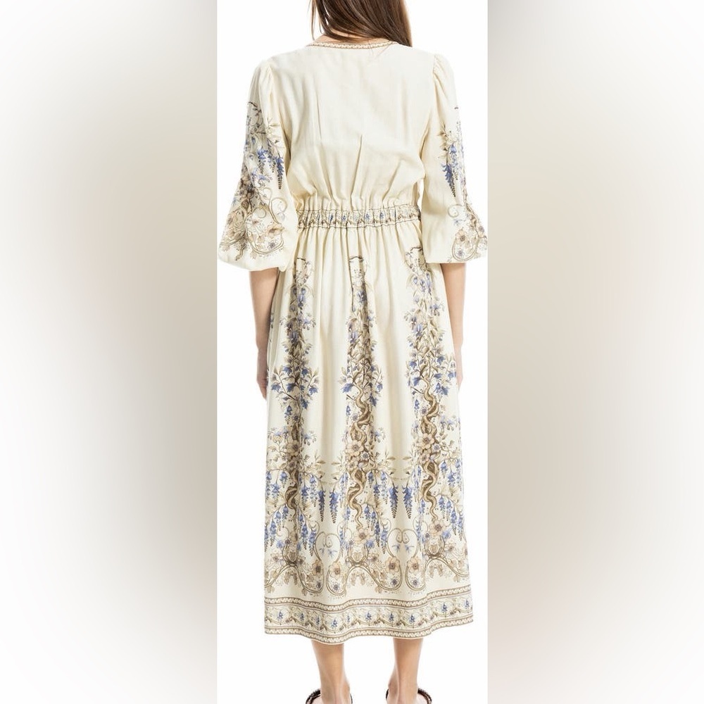 Floral Print Balloon Sleeve Maxi linen Dress long sleeve - Picture 6 of 10
